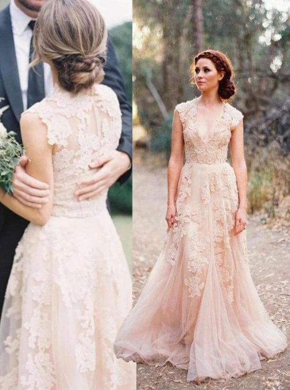 Elegant V-neck Sleeveless Cap Sleeves Floor-Length Wedding Dress fg6501