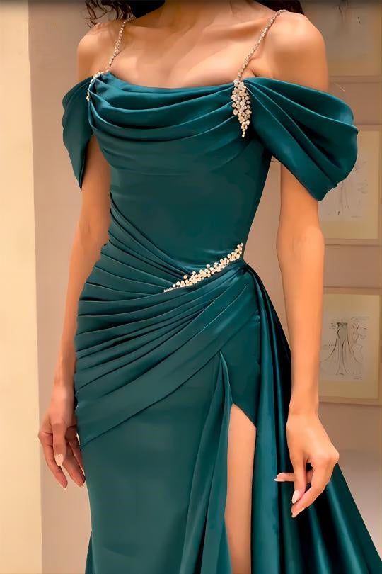 High Quality Off The Shoulder Dark Green Satin Prom Dresses Beaded Evening Gown fg6209