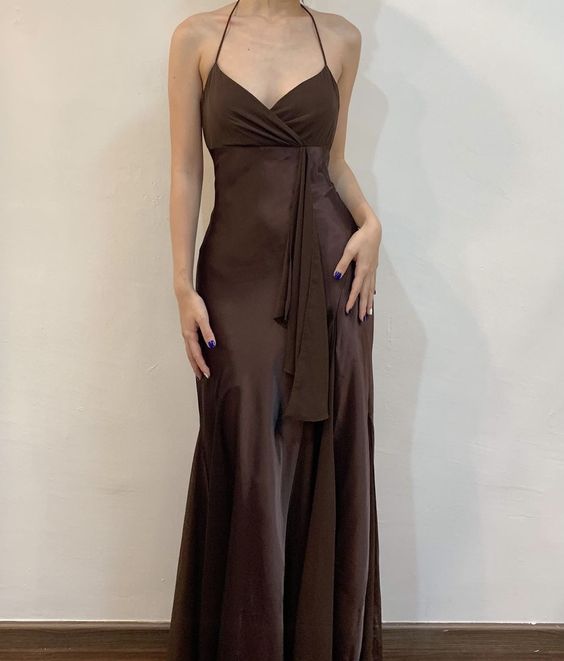 Spaghetti Straps Coffee Brown Formal Party Dress fg6194