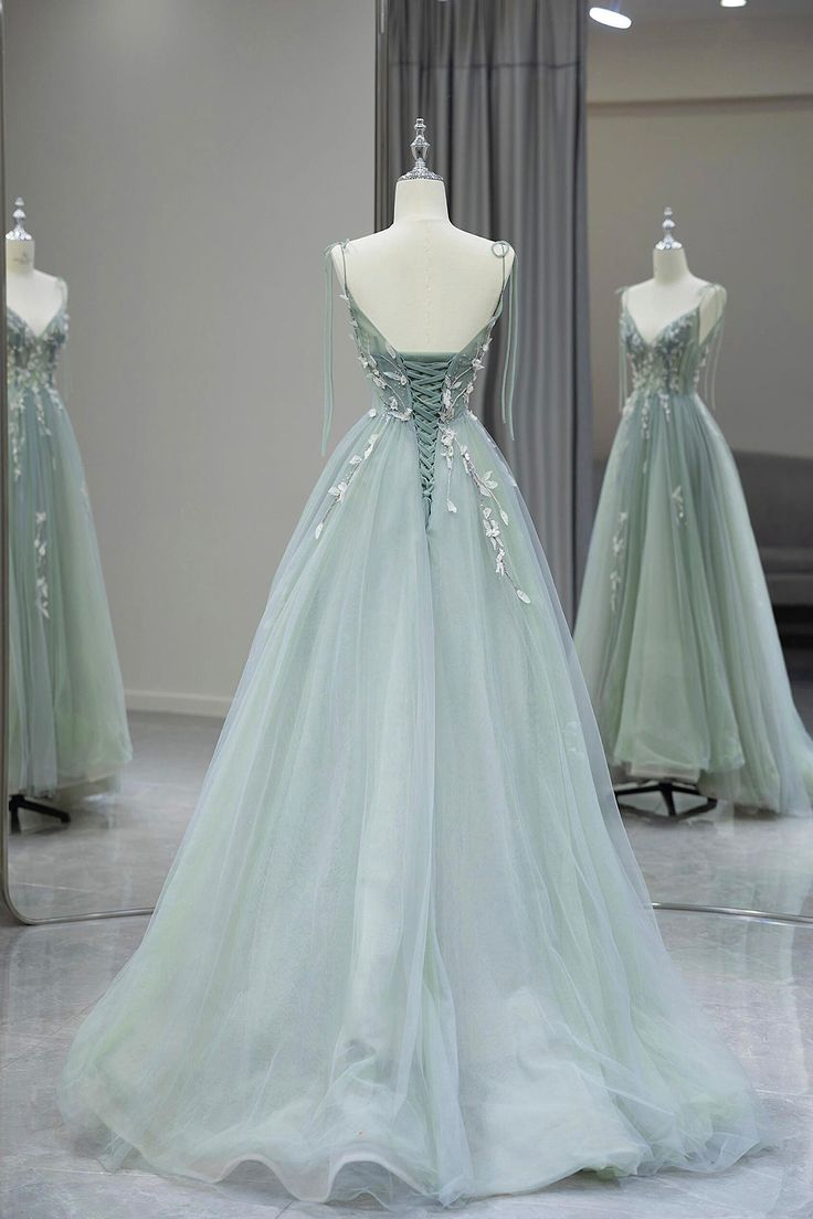 Stylish Spaghetti Strap Tulle Floor Length Formal Dress Gray Green V-Neck Backless Party Dress fg6350