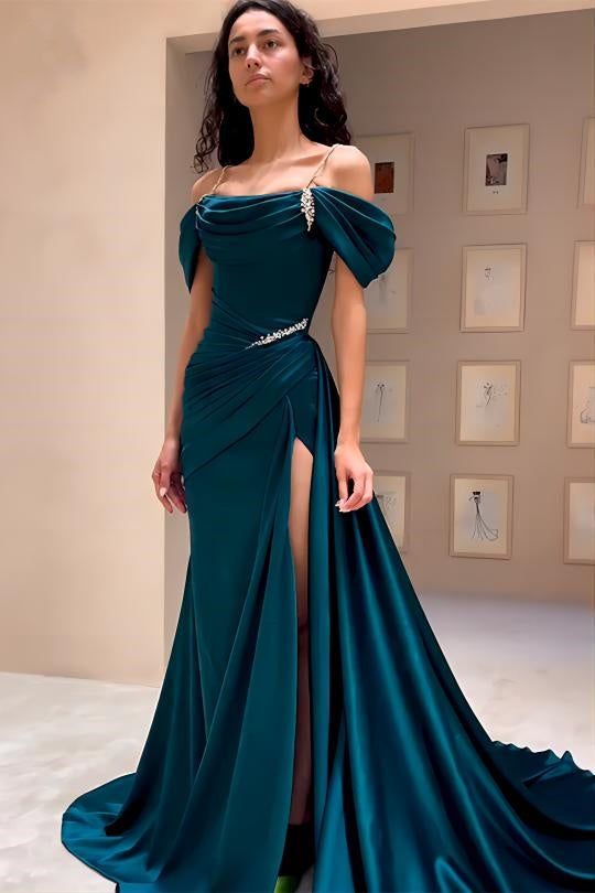 High Quality Off The Shoulder Dark Green Satin Prom Dresses Beaded Evening Gown fg6209