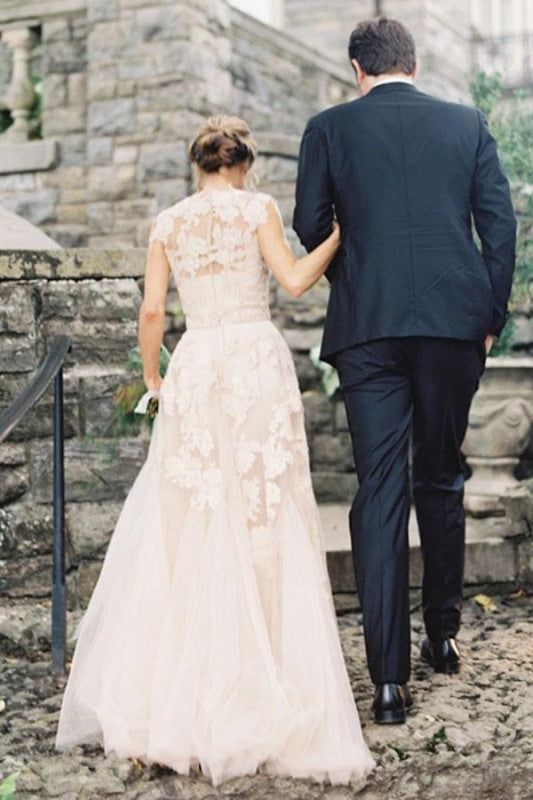 Elegant V-neck Sleeveless Cap Sleeves Floor-Length Wedding Dress fg6501