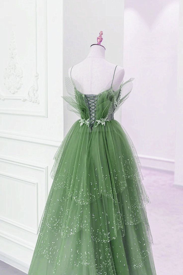 Green Layers Tulle Straps Beaded Long Party Dress, Green Long Formal Dress fg4491