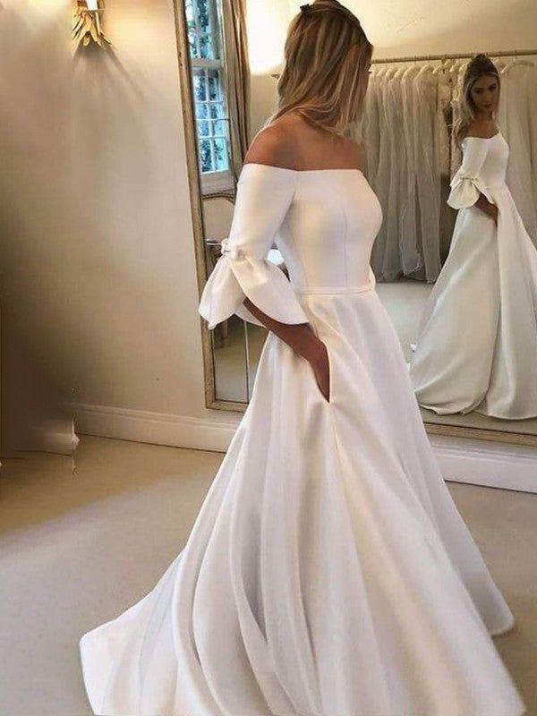 Elegant Off-Shoulder Satin Wedding Dress with Bow fg6426