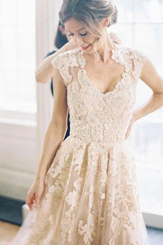 Elegant V-neck Sleeveless Cap Sleeves Floor-Length Wedding Dress fg6501