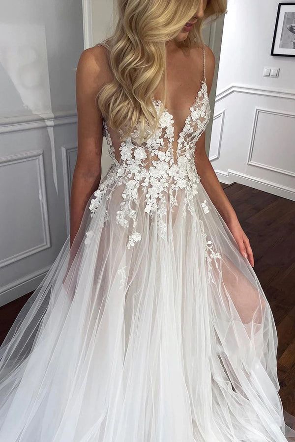 Spaghetti Straps V-Neck Lace Appliques A-line Tulle Rustic Wedding Dress With Slit fg6416