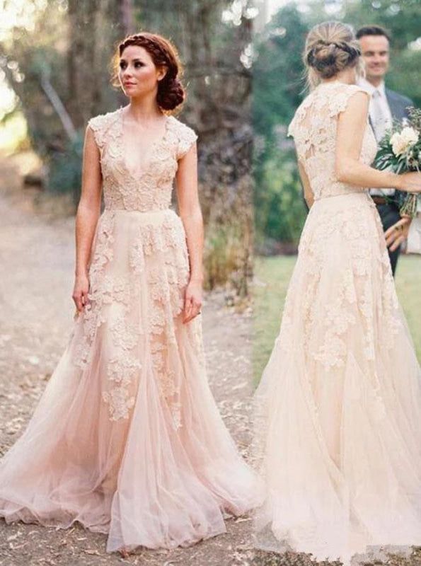 Elegant V-neck Sleeveless Cap Sleeves Floor-Length Wedding Dress fg6501