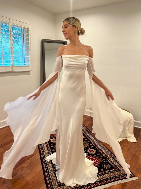 Wedding Dresses Soft Satin Long Floor Length Open Back Simple Bridal Gown With Detachable Flare Sleeves fg6409
