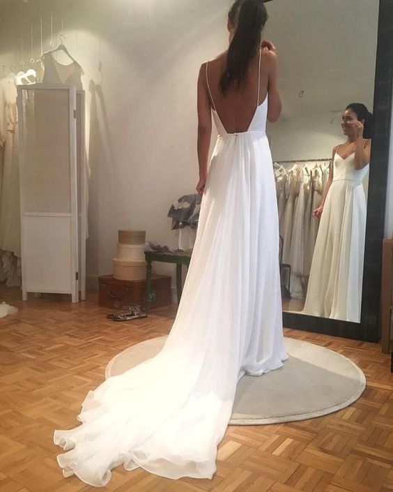 Long Spaghetti Strap A-line V-Neck White Wedding Dress fg6441