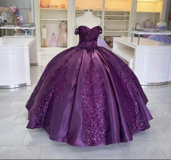 Dark Purple Ball Gown Quinceanera Dresses Bling Sequined Applique Off Shoulder Prom Party Dress fg5997
