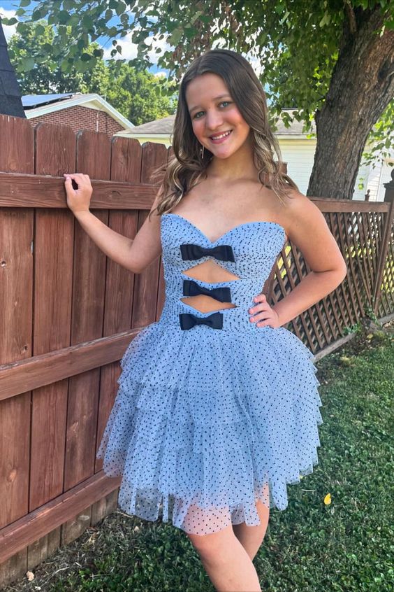 Strapless Black Dot Tulle Ruffle Homecoming Dress with Bow fg6159