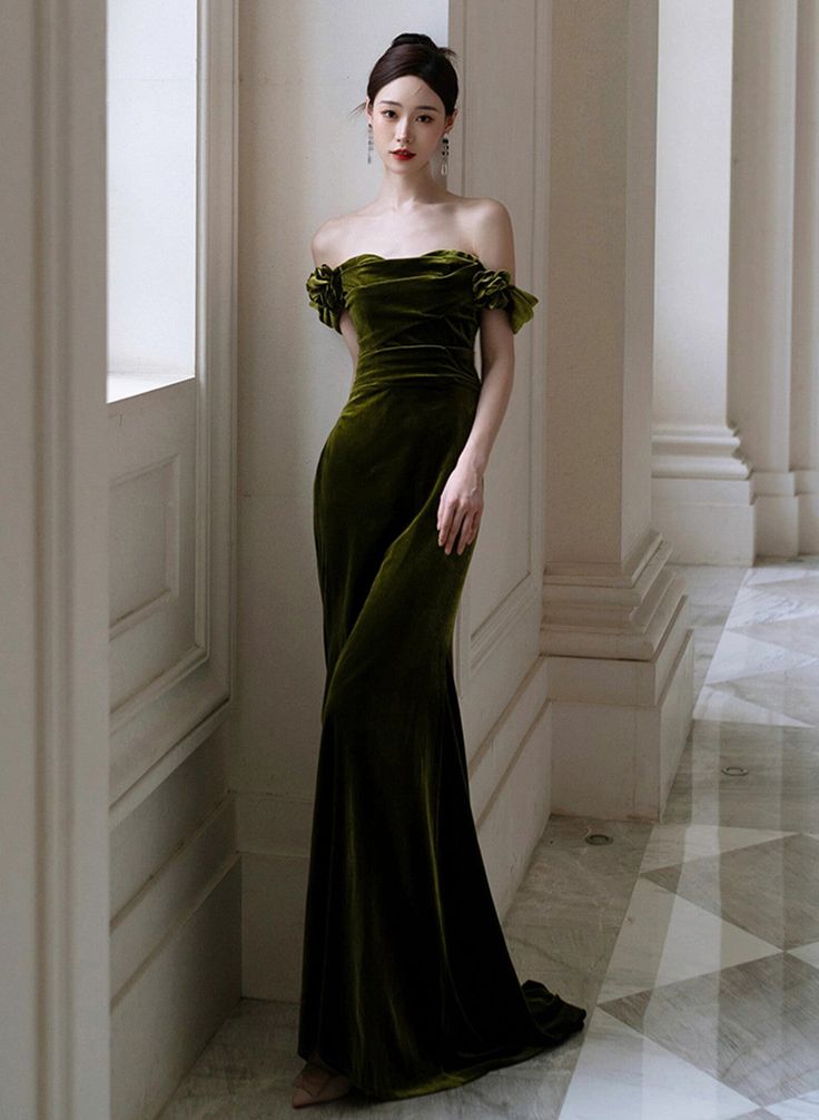 Dark Green Mermaid Velvet Off Shoulder Party Dress, Dark Green Prom Dress fg6199