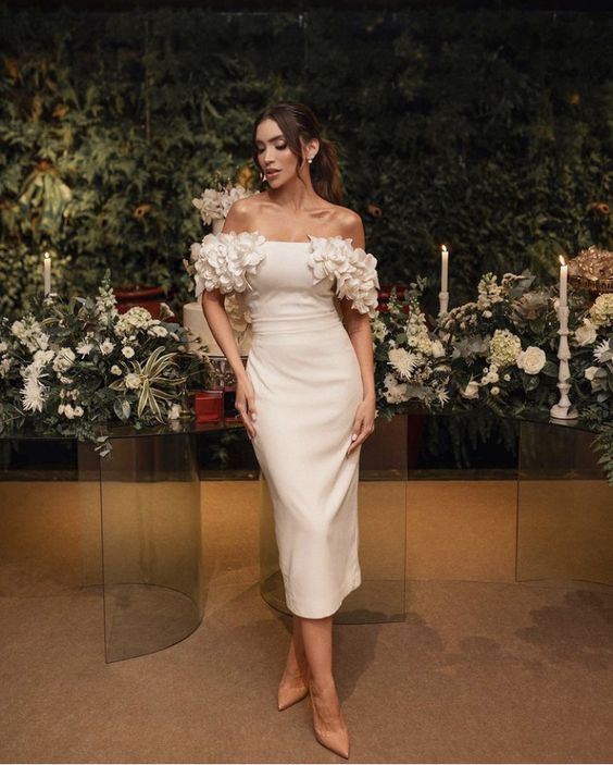 Flower Wedding Dresses Short Sheath Off Shoulder Split Tea Length Bridal Gown fg5668