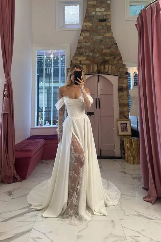 Sexy Slit Off Shoulder Lace Long Sleeves Wedding Dress fg6611