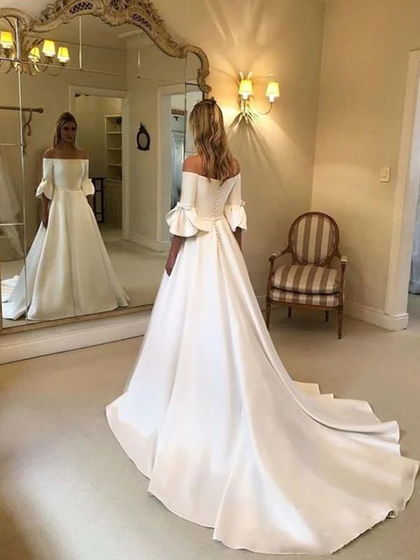 Elegant Off-Shoulder Satin Wedding Dress with Bow fg6426