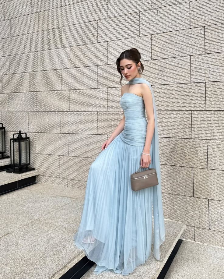 Light Sky Blue Long Prom Dress Evening Party Dresses With Scarf fg7696