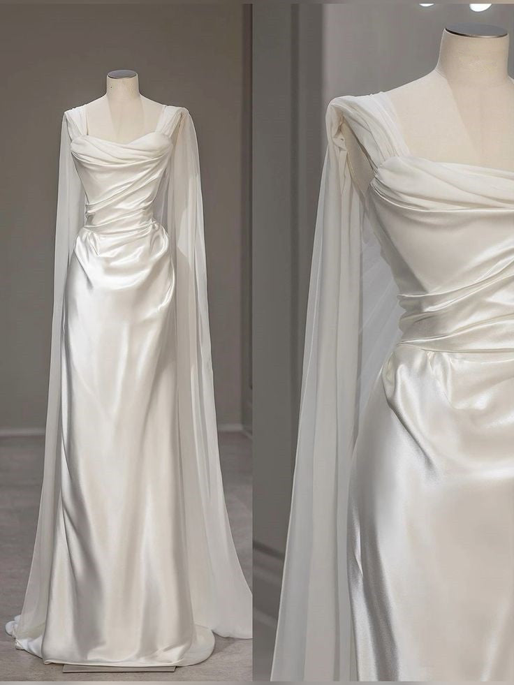 White Satin Pleats Straps Wedding Dress fg5604