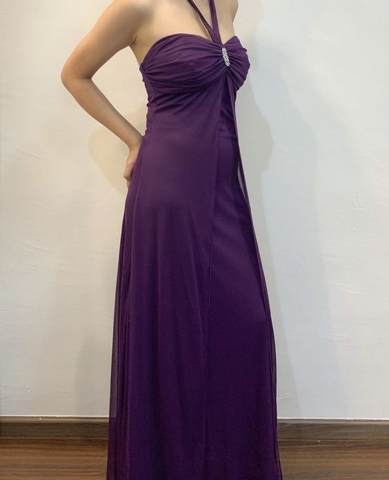 Halter Evening Gown Formal Dress Purple Floor Length Sleeveless Dress fg6656