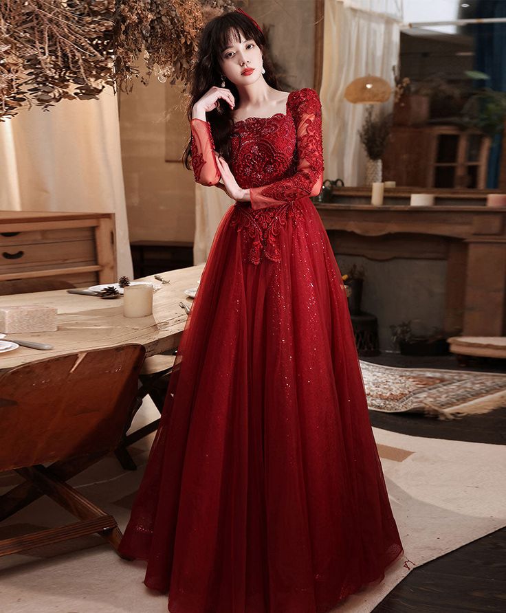 Burgundy Aline Lace Long Prom Dress, Burgundy Tulle Formal Graduation Dress fg5618