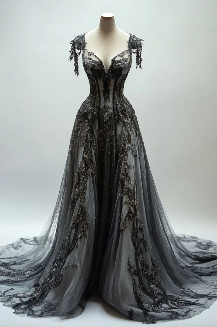 Black Appliques A-line V-neck Lace Tulle Sequin Long Prom Dress, Dark Gray Formal Evening Gowns fg8572