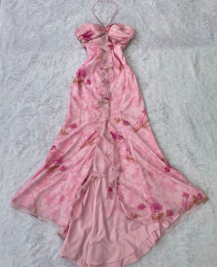 Mermaid Halter Pink Chiffon Floral Long Prom Dresses Evening Dress fg8520