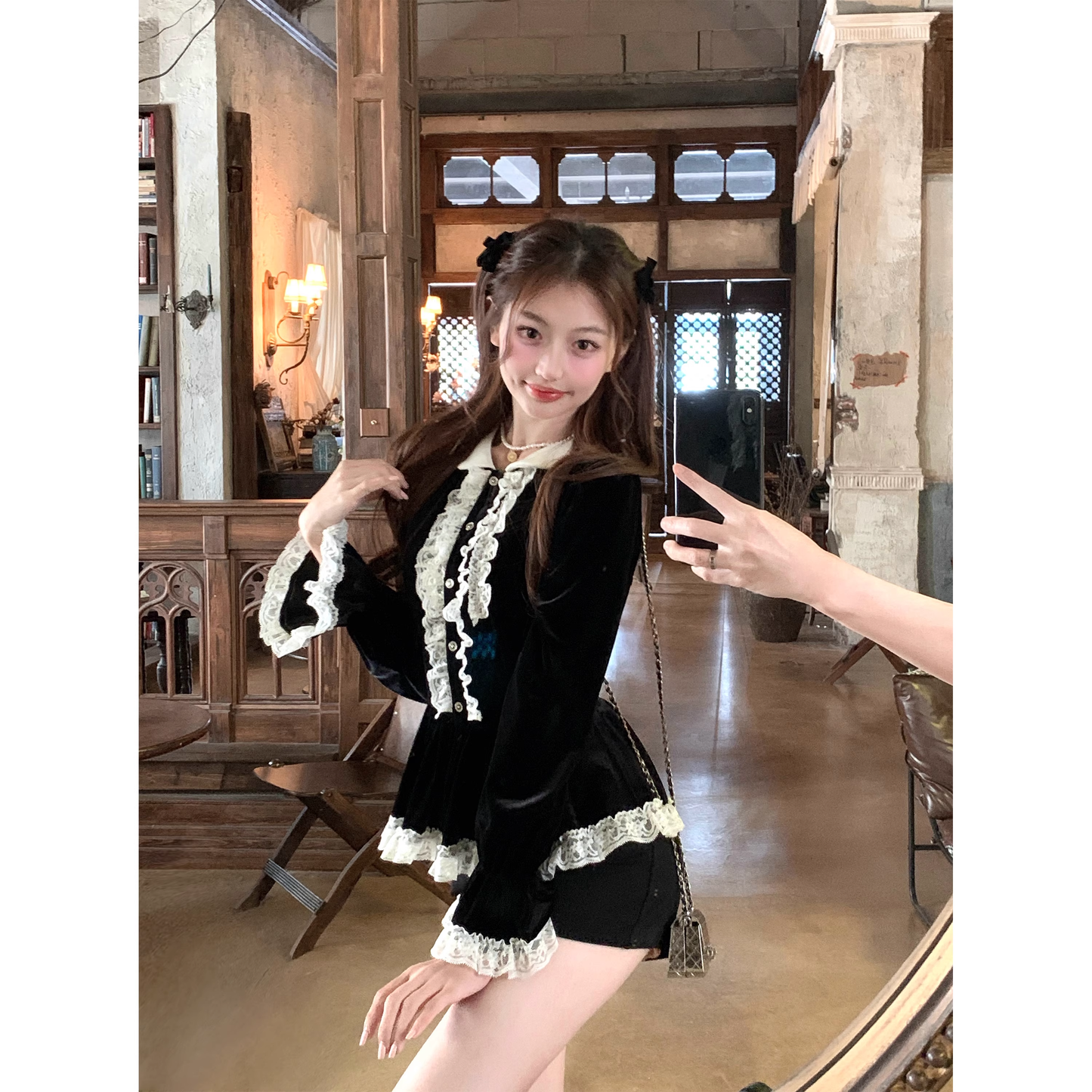 Velvet lace-trimmed fitted shirt and top set for autumn A130