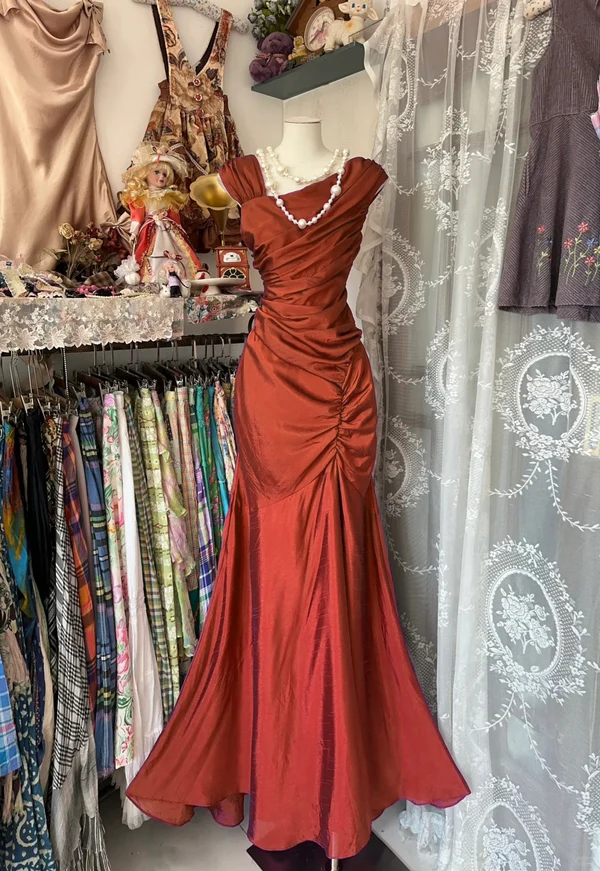 Mermaid Pleats Vintage Prom Dress Long Evening Dress fg8039