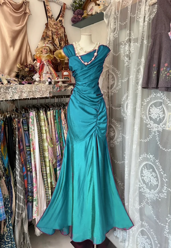 Mermaid Pleats Vintage Prom Dress Long Evening Dress fg8039