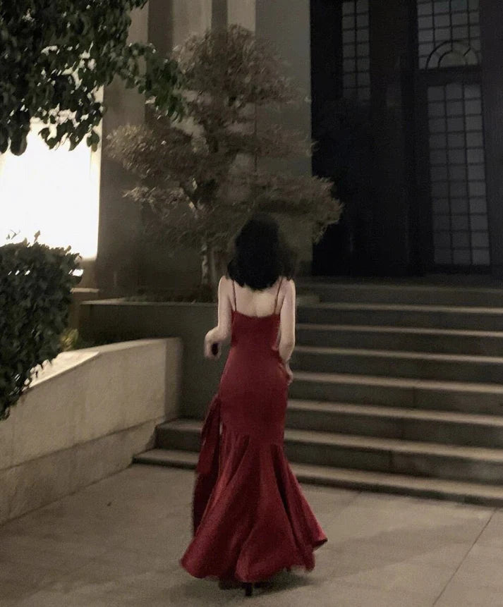 Stunning Mermaid Spaghetti Straps Long Wine Red Prom Dress Birthday Outfits fg4875
