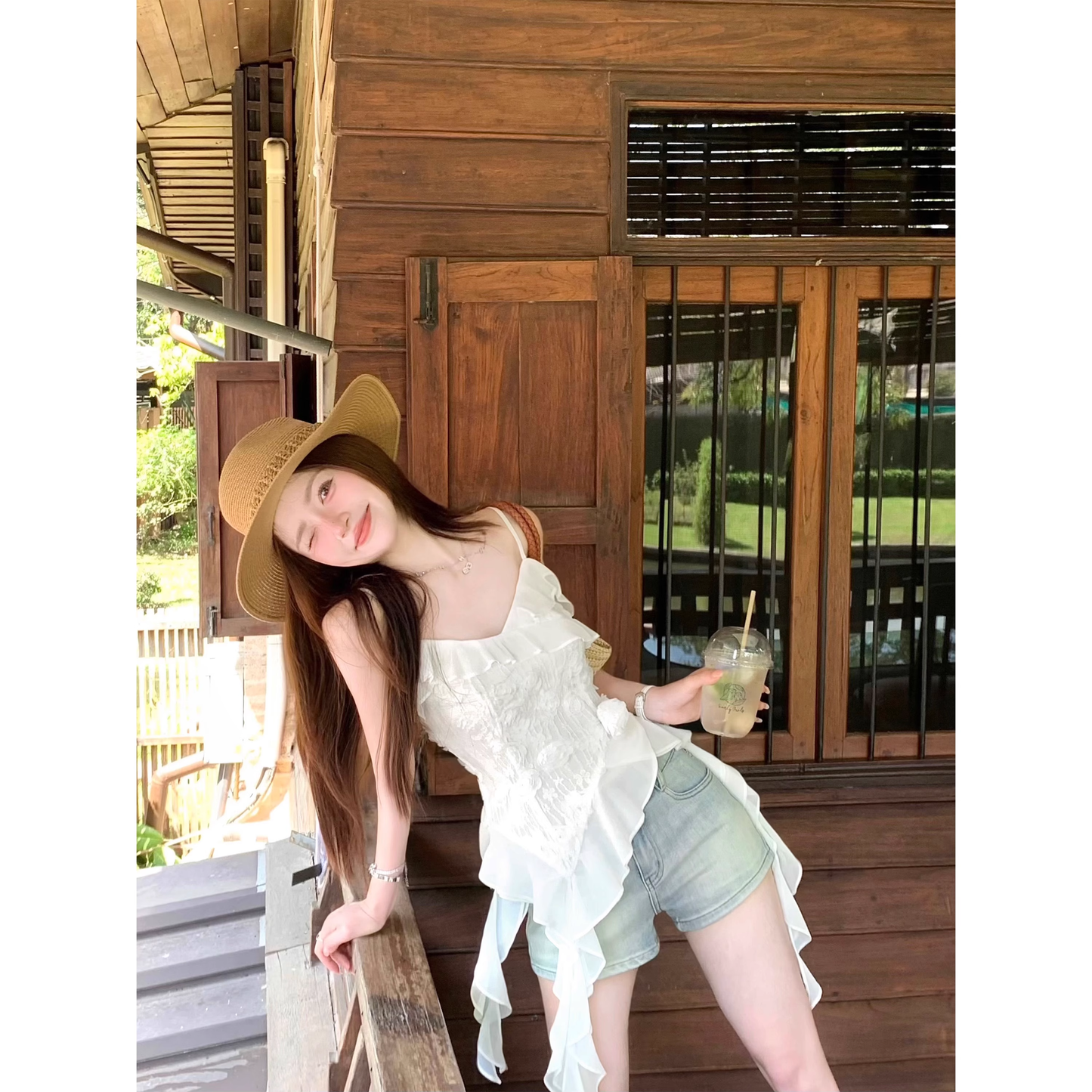 White asymmetrical camisole top - chic Korean style outfit A23