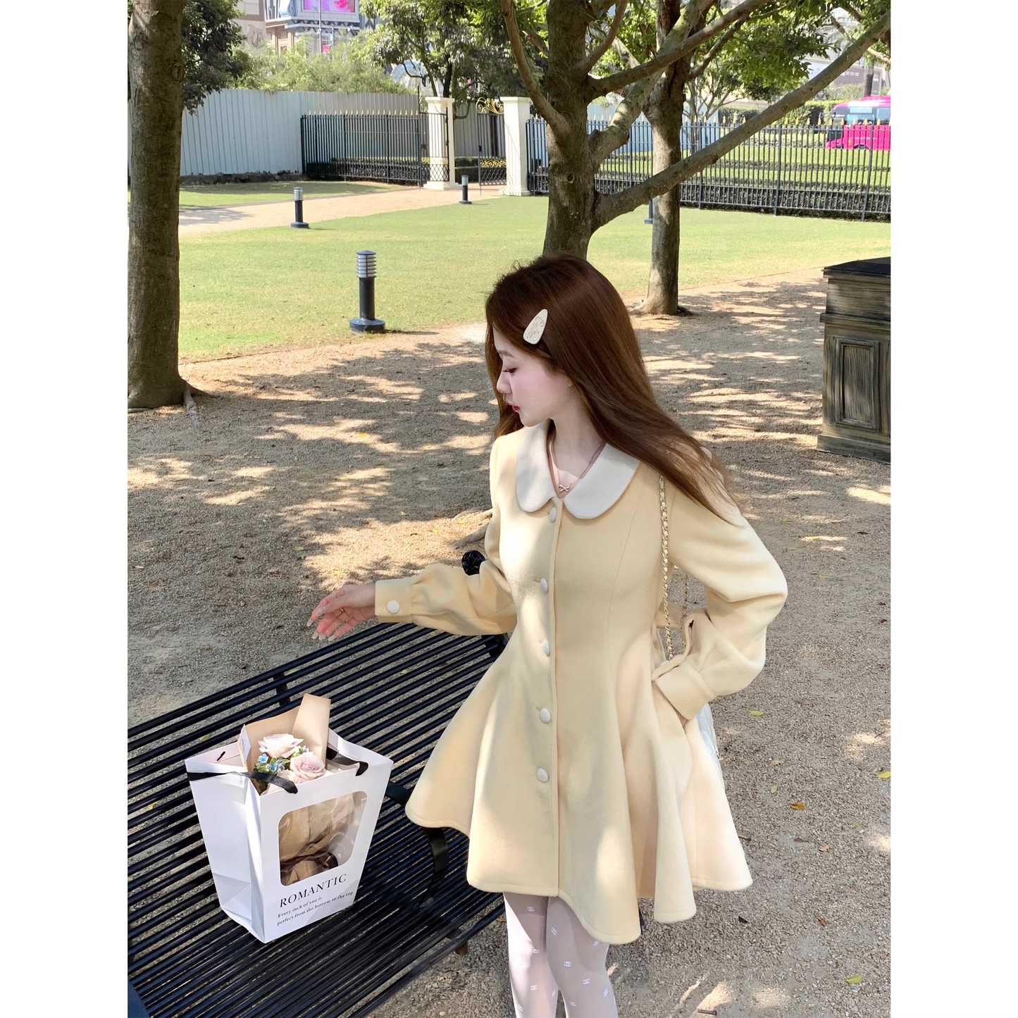 Creamy yellow coat, fitted waist dress, autumn petite cape coat A24