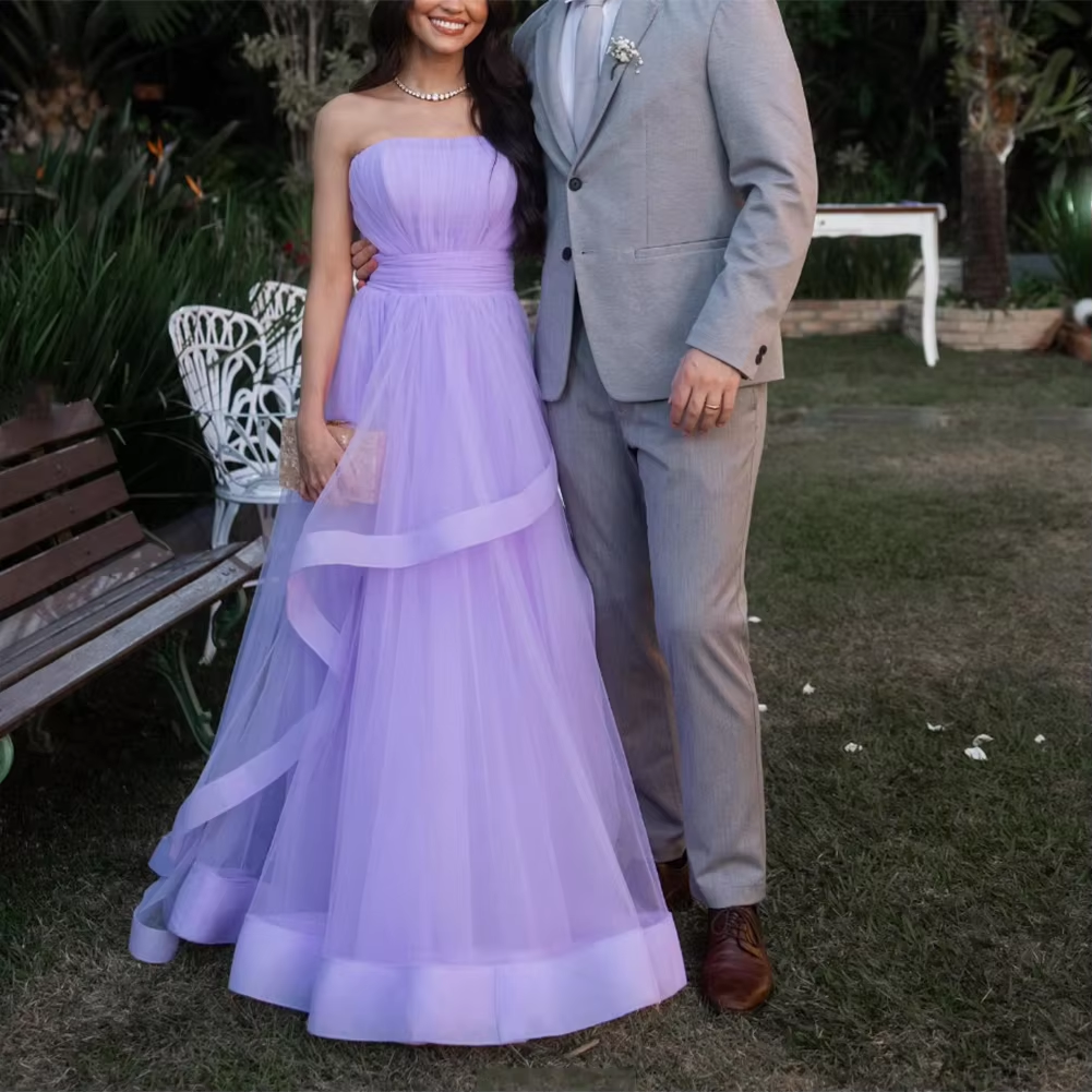 Lavender Tulle Long Dresses Wedding Party Ruffles Strapless Prom Dresses Formal Occasion Dress fg6856