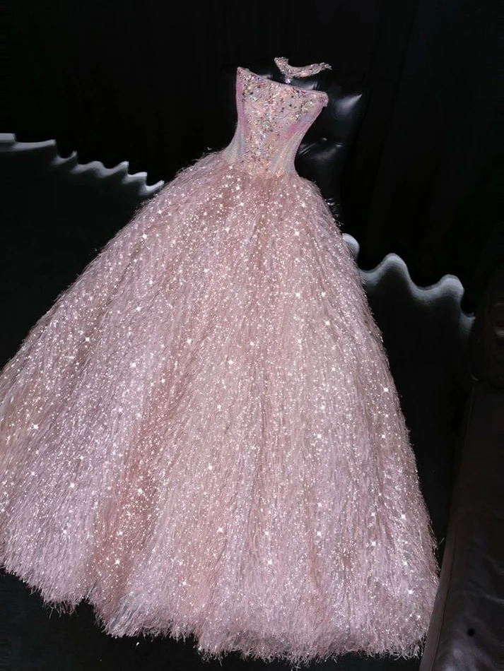 Exquisite Pink Beaded Feather Ball Gown Tulle Prom Dress Party Dress fg8558