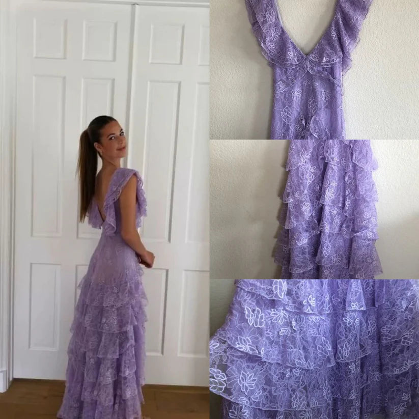 Lilac Lace Long prom dress Evening Gown Party Dress fg3249