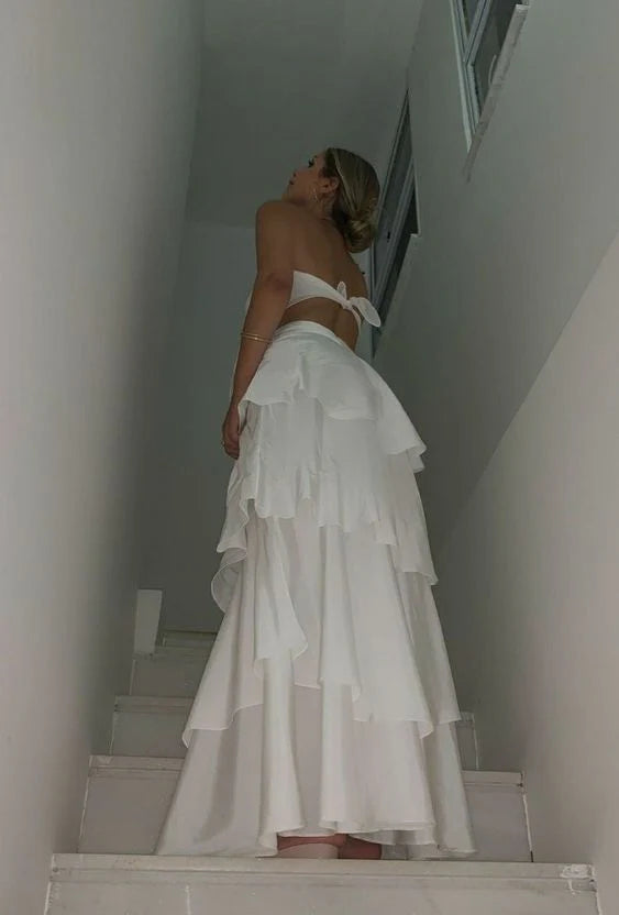 Elegant Two Pieces Strapless Long White Tiered Prom Dress Birthday Outfits fg7164