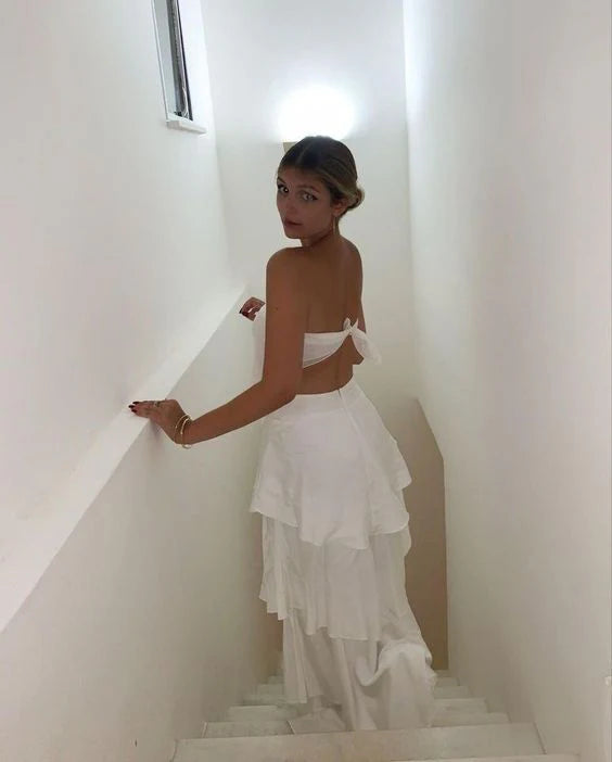 Elegant Two Pieces Strapless Long White Tiered Prom Dress Birthday Outfits fg7164