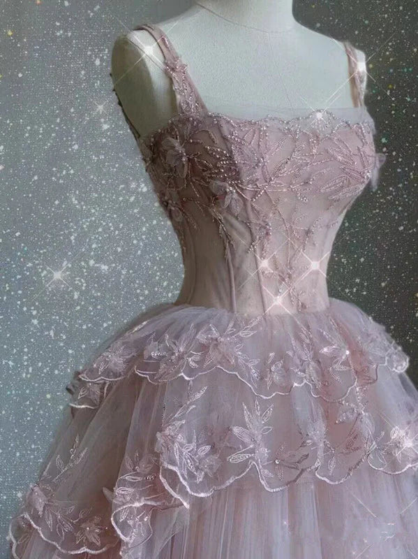 Pink tulle lace long prom dress, pink evening dress fg3281
