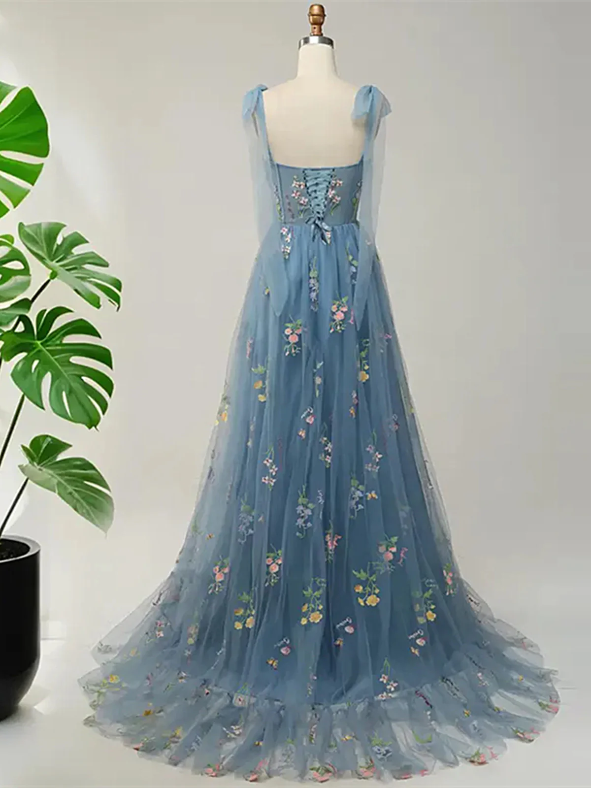 Blue Floral Embroidery Tulle Prom Dress, A-Line Fairy Gown Blue Party Dress fg8741