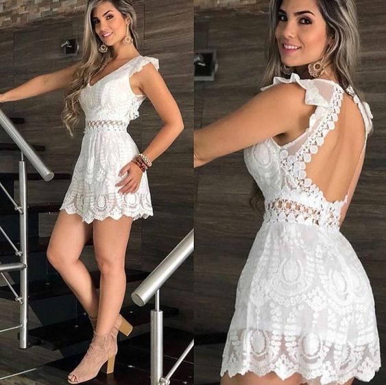 Weißes kurzes Homecoming-Kleid mit Spitze, Partykleid fg4503