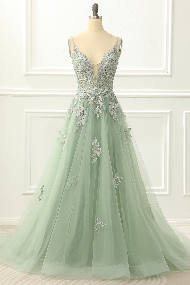 Spaghetti Straps Tulle Green Prom Dress with Appliques fg4657