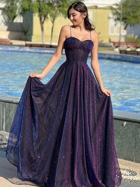 Elegant Spaghetti Straps A-Line Tulle Long Prom Dresses fg4967