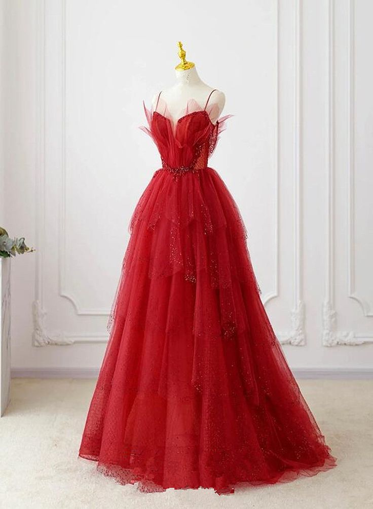 A-line Tulle Layers Red Straps Long Party Dress, Tulle Prom Dress Evening Dress fg4924