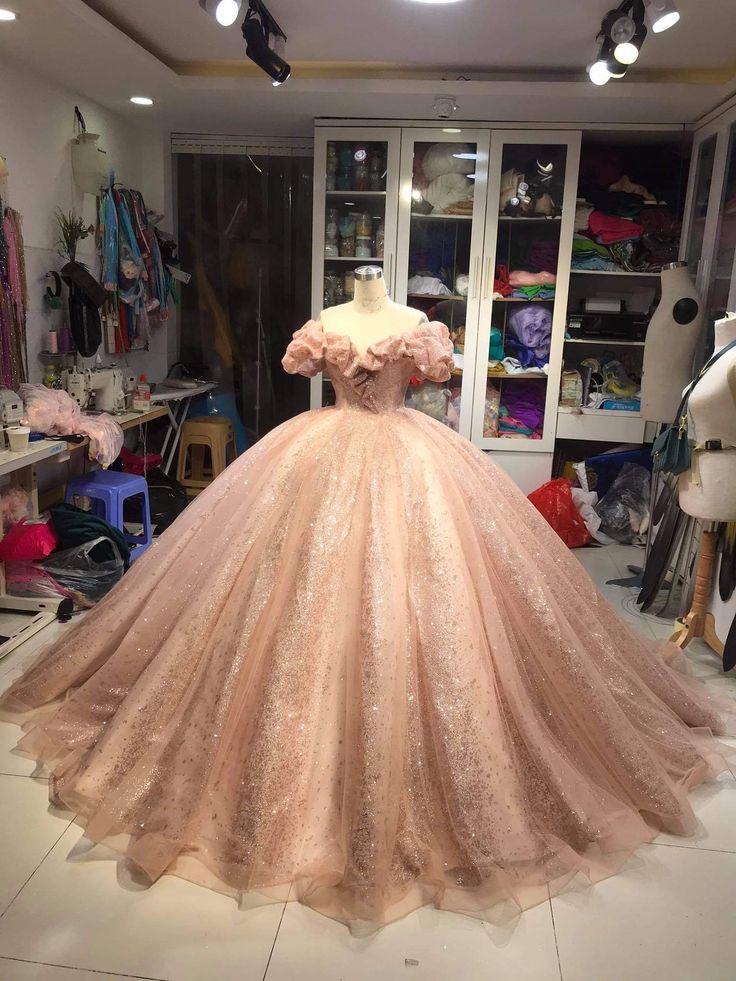 Champagne Pink Sparkly Dress,Long Evening Dress, Princess Sparkly Pink Dress, Quinceanera Dress Ball Gowns fg5261