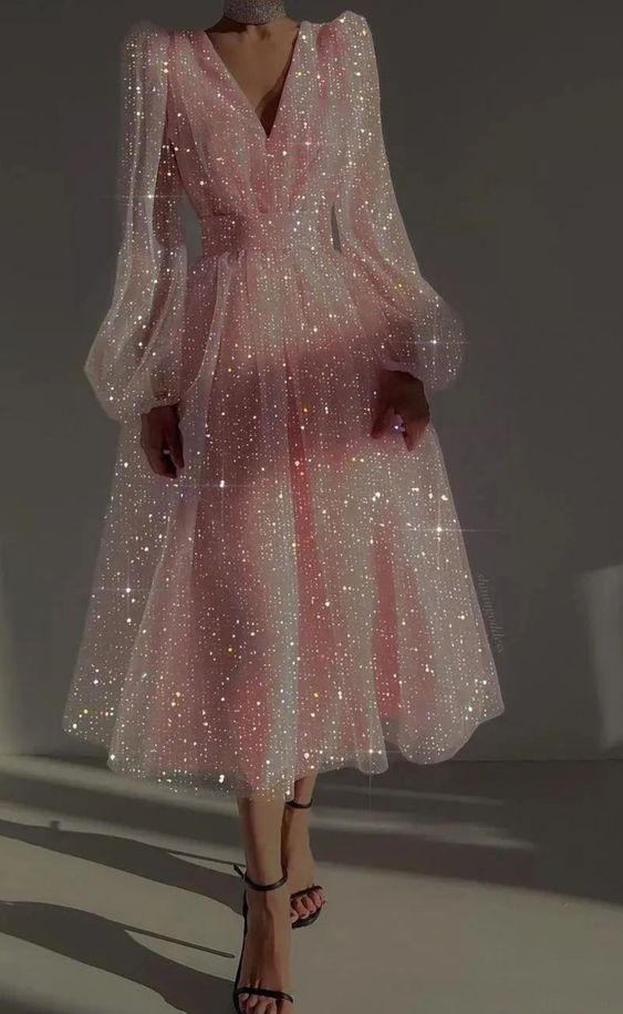 Women's Evening Dress V-Neck Puff Long Sleeve Female Dresses New Party Club Shining Dress fg4560