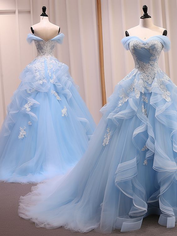 A-Line Sweetheart Neck Off Shoulder Tulle Lace Blue Long Prom Dress, Blue Sweet 16 Dress fg5338
