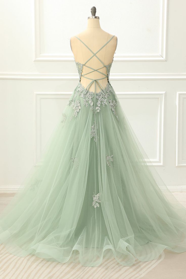 Spaghetti Straps Tulle Green Prom Dress with Appliques fg4657