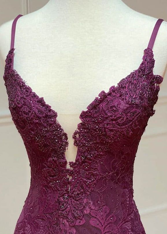 mermaid/trumpet spaghetti straps grape lace beaded long prom dress formal evening dress fg4801