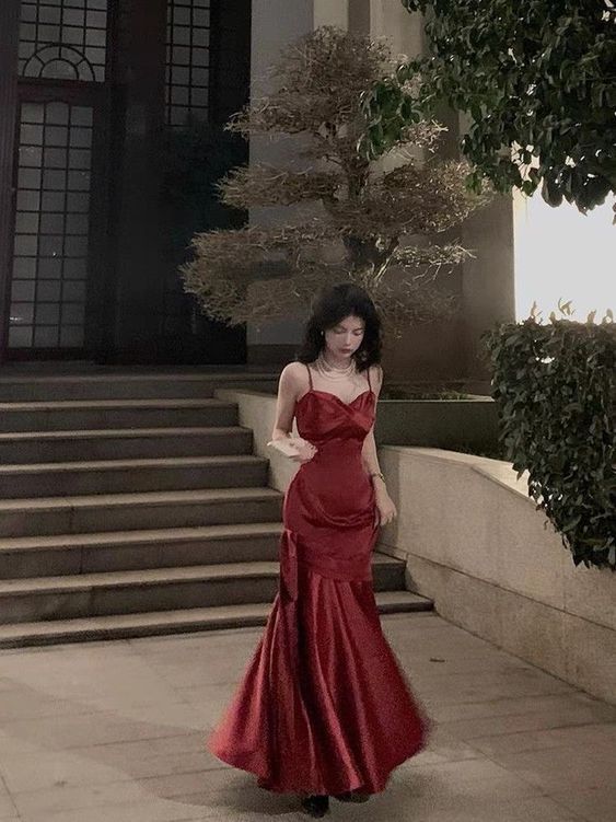 Stunning Mermaid Spaghetti Straps Long Wine Red Prom Dress Birthday Outfits fg4875
