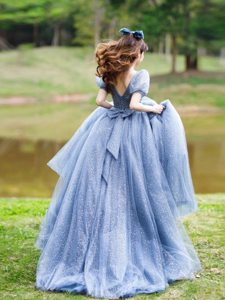 Blue Tulle V Neck Tulle Long Prom Dress, Blue Sweet 16 Dress fg4465