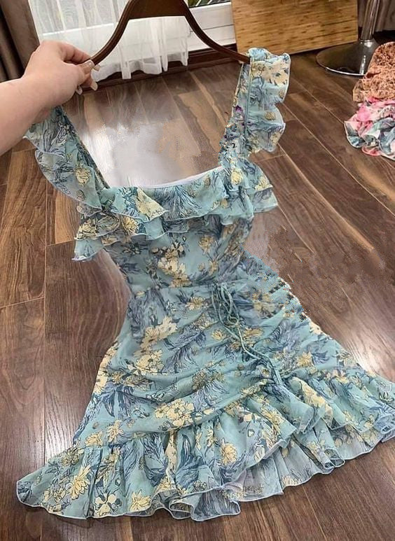 Sommeroutfit Blumenkleid, Kurzes Homecoming-Kleid, Sommer-Strandkleid fg4546